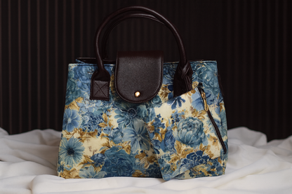 Blue Floral Tote Bag with Pouch – Elegant &amp; Functional Everyday Carry