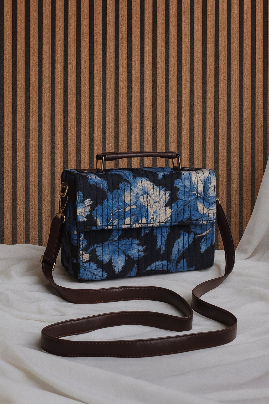 Blue Bloom Quilted Crossbody Bag – Chic & Functional Elegance