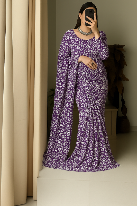 Vastramaniaa Purple Bloom Pre-Draped Cotton Saree