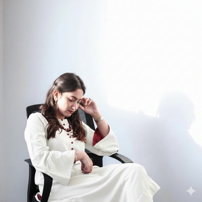 White Neutral Chic Rayon Kurta Set with Contrast Red Detailing