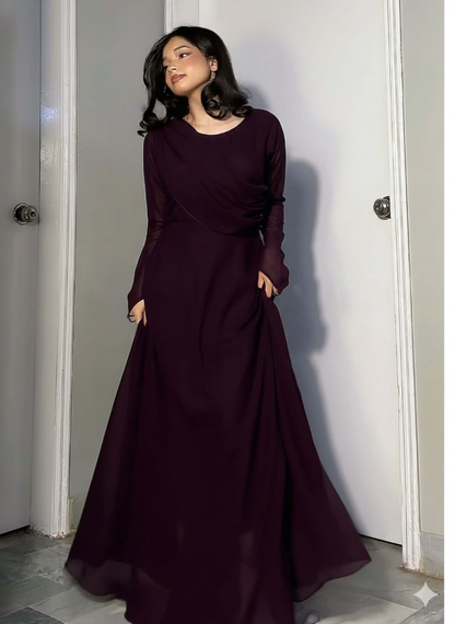 Wine Crystal Georgette Maxi Dress | Hand-Embellished Sparkle