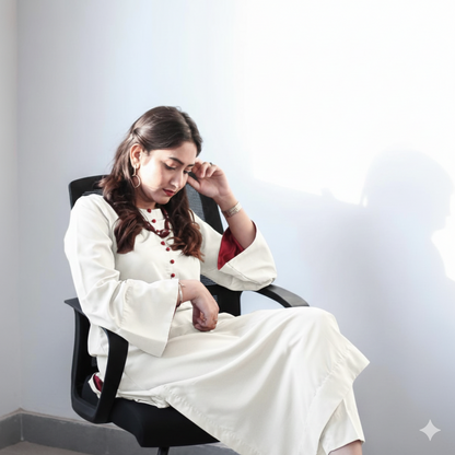 White Neutral Chic Rayon Kurta Set with Contrast Red Detailing