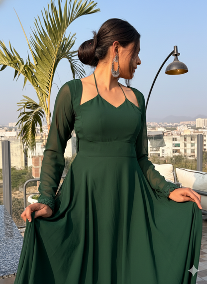 Bottle Green Backless Georgette Anarkali Set with Halter-Dori & Lace Accents