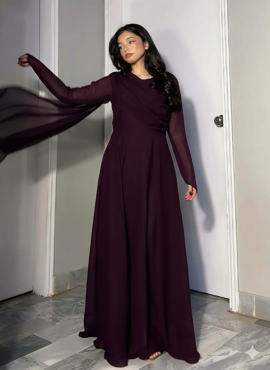 Wine Crystal Georgette Maxi Dress | Hand-Embellished Sparkle