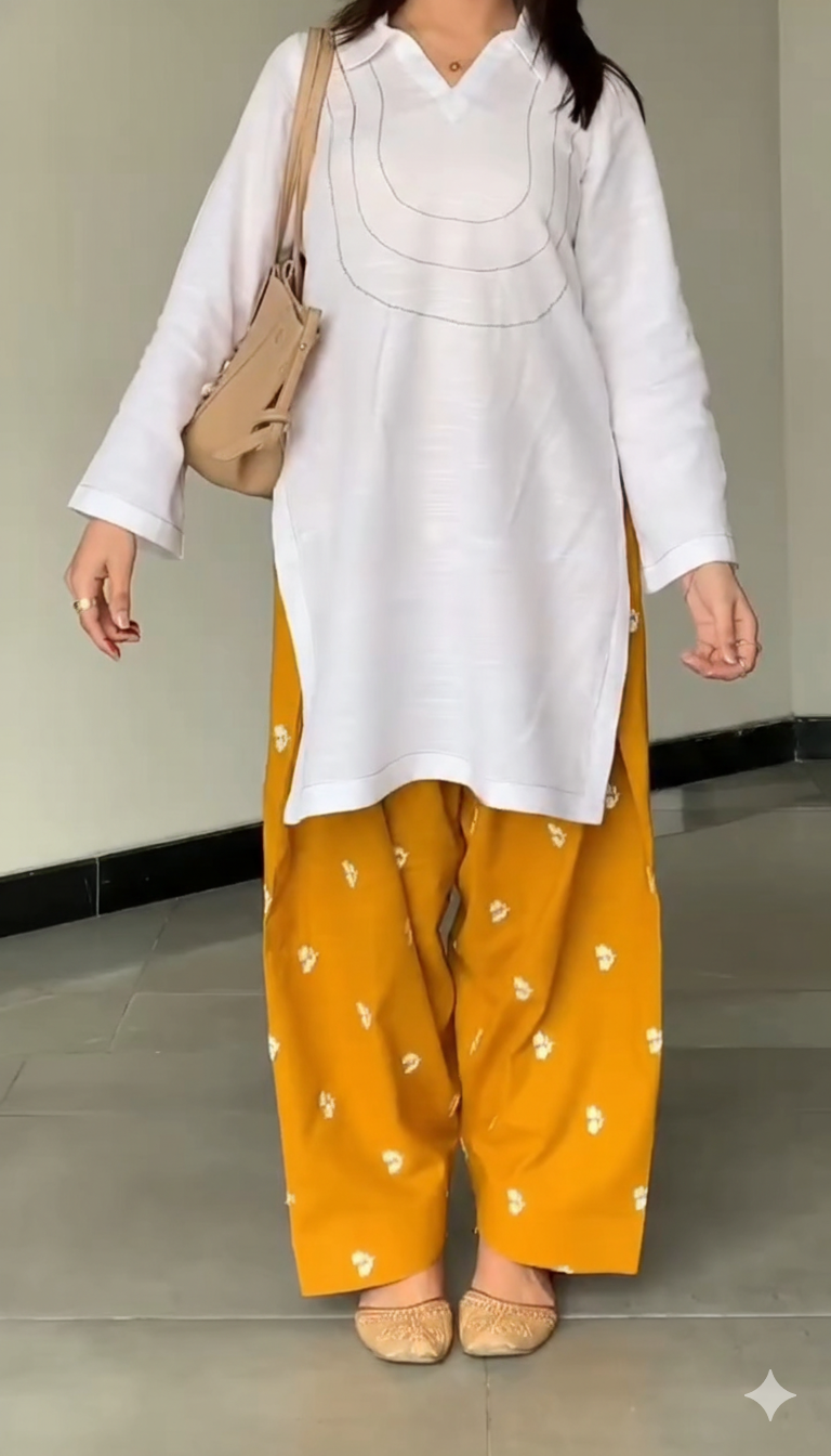 White Collared Cotton Kurta with Embroidered Mustard Farshi Salwar