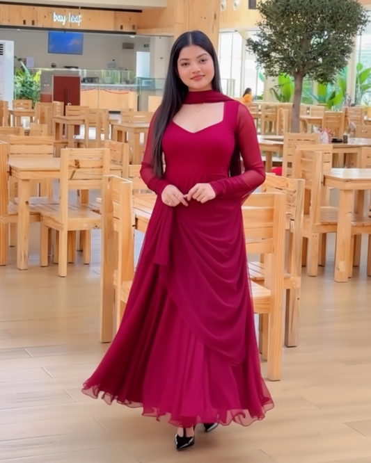 Wine Georgette Anarkali Set with Sweetheart Neck & Dori Back