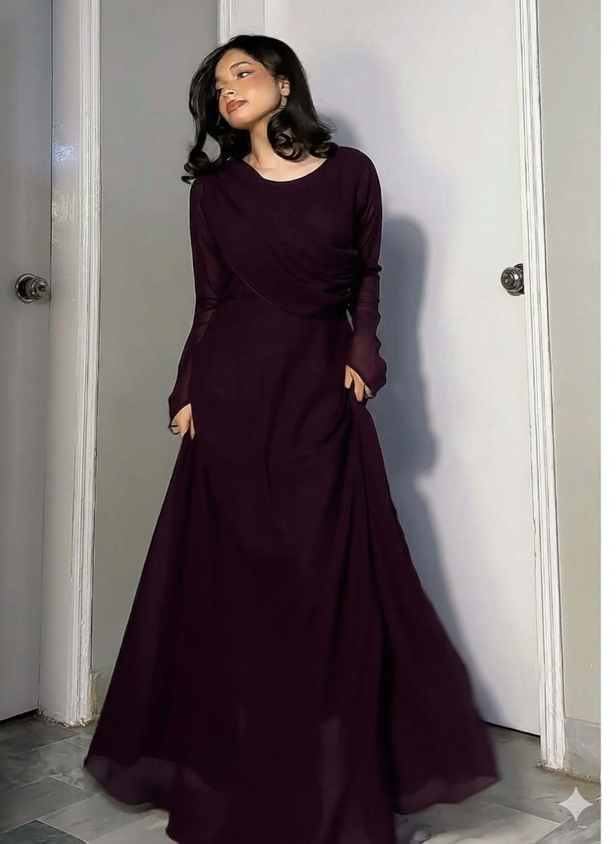 Wine Crystal Georgette Maxi Dress | Hand-Embellished Sparkle