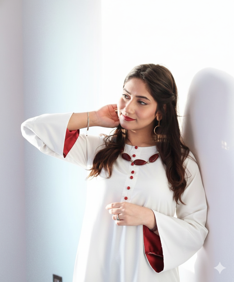 White Neutral Chic Rayon Kurta Set with Contrast Red Detailing