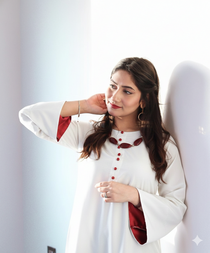 White Neutral Chic Rayon Kurta Set with Contrast Red Detailing