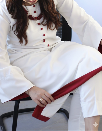 White Neutral Chic Rayon Kurta Set with Contrast Red Detailing