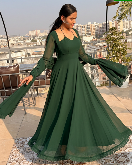Bottle Green Backless Georgette Anarkali Set with Halter-Dori & Lace Accents