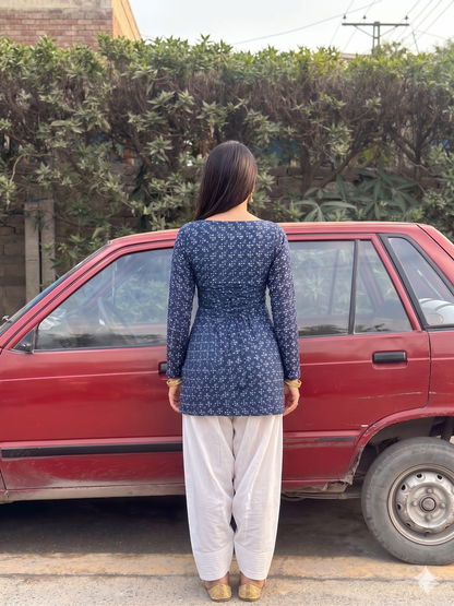 Indigo Geometric Print Cotton Kurta Set with Corset Back & White Farshi Salwar