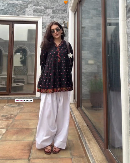 Peplum Grace Set – Black Embroidered Peplum Kurta with White Farshi Salwar