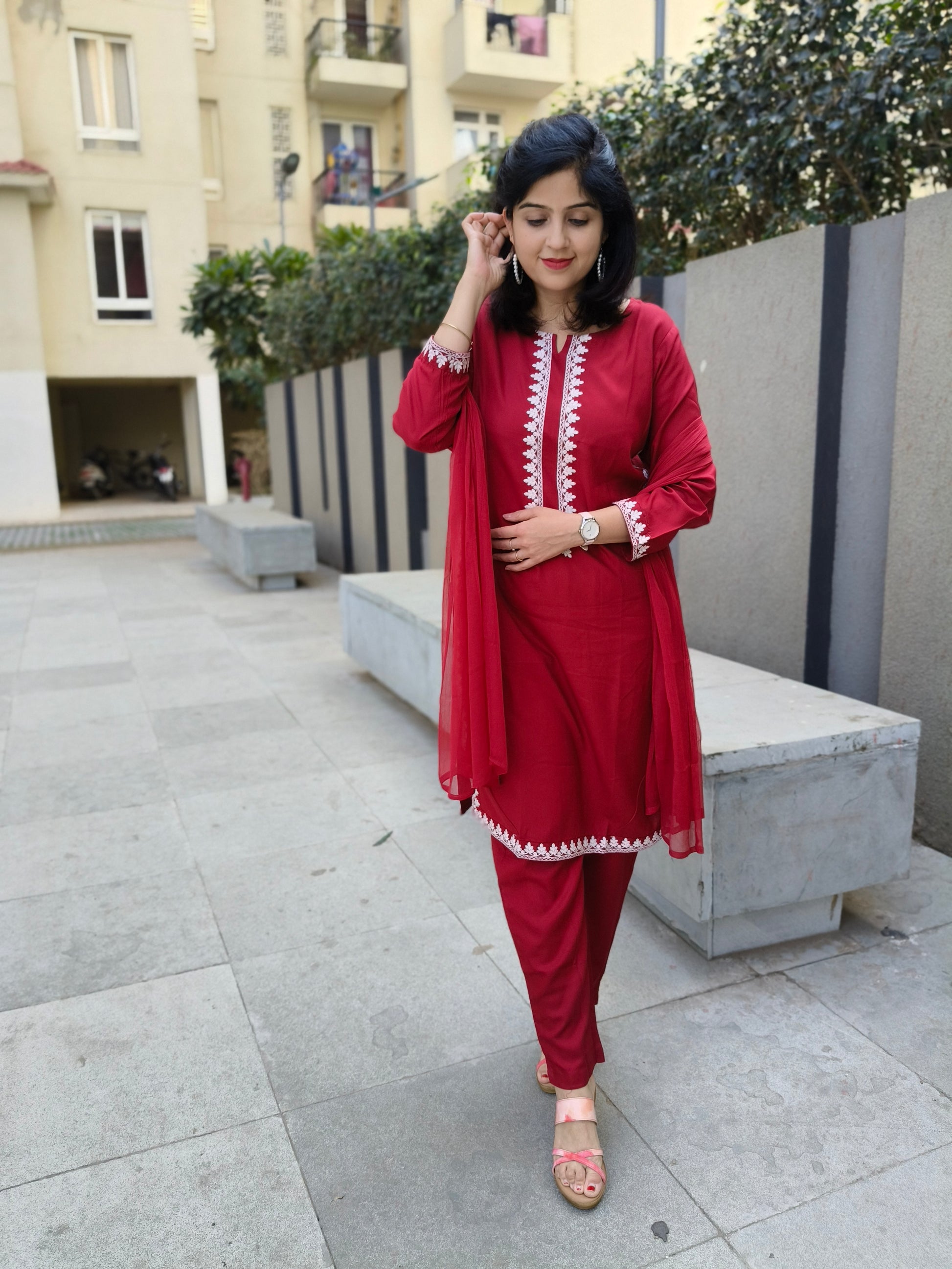 Red Embroidered Kurta Pant Dupatta Set Festive Rayon Wear | Vastramaniaa VASTRAMANIAA Red Embroidered Kurta Pant Dupatta Set Festive Rayon Wear | Vastramaniaa VASTRAMANIAA
