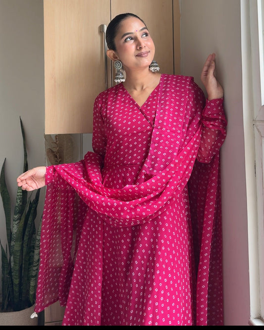 Fuchsia Pink Bandhani Angrakha Anarkali | Side Pose