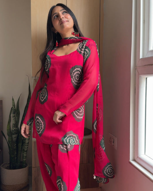 Hot Pink Shibori Bandhani Print Kurta with Farshi Salwar Set | Georgette | XS–5XL