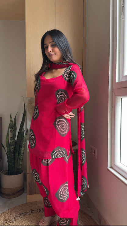 Hot Pink Shibori Bandhani Print Kurta with Farshi Salwar Set | Georgette | XS–5XL