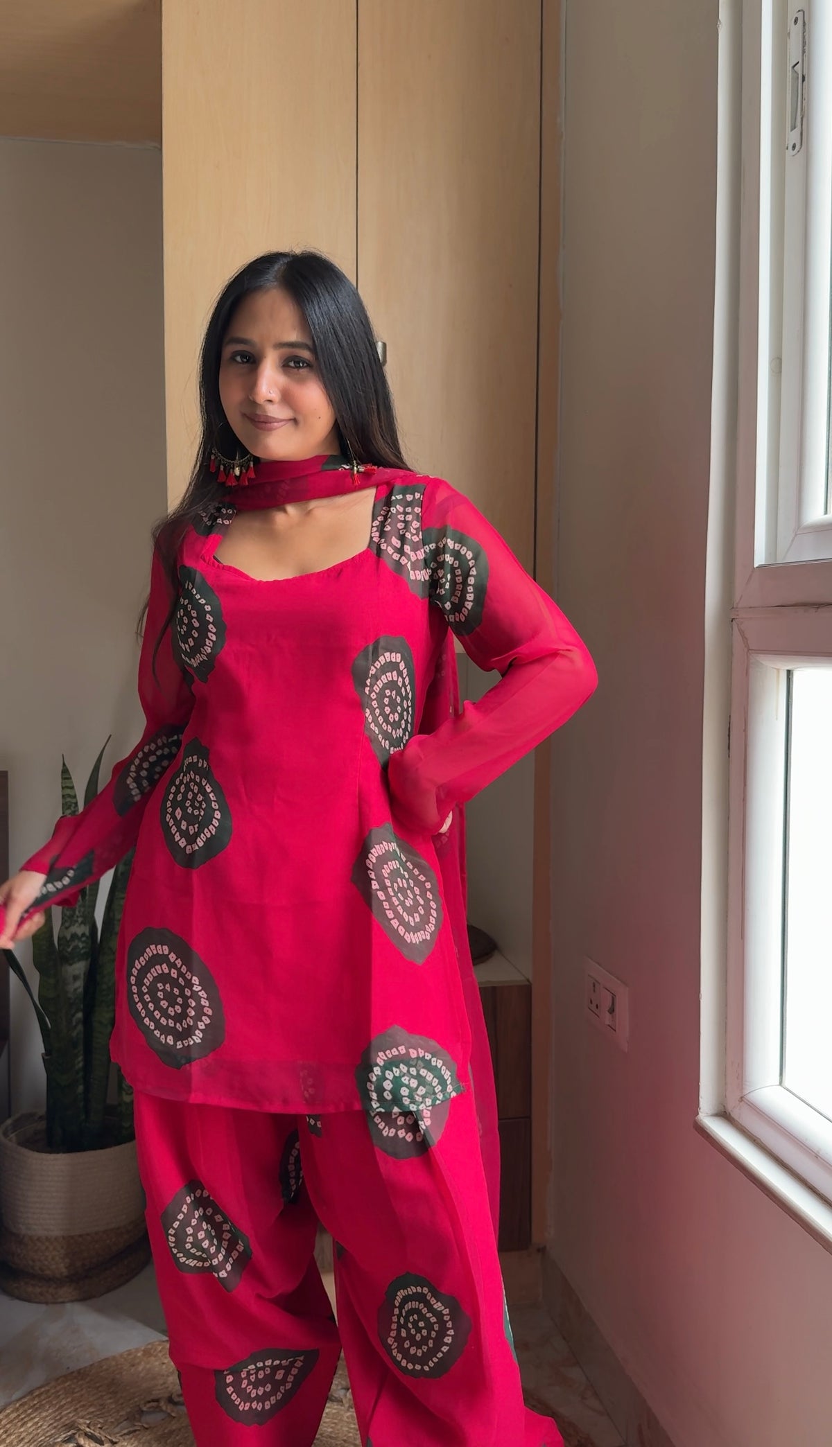 Hot Pink Shibori Bandhani Print Kurta with Farshi Salwar Set | Georgette | XS–5XL