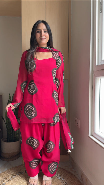 Hot Pink Shibori Bandhani Print Kurta with Farshi Salwar Set | Georgette | XS–5XL