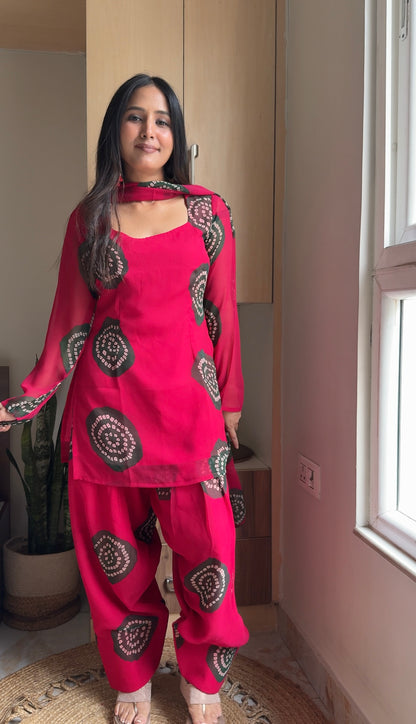 Hot Pink Shibori Bandhani Print Kurta with Farshi Salwar Set | Georgette | XS–5XL