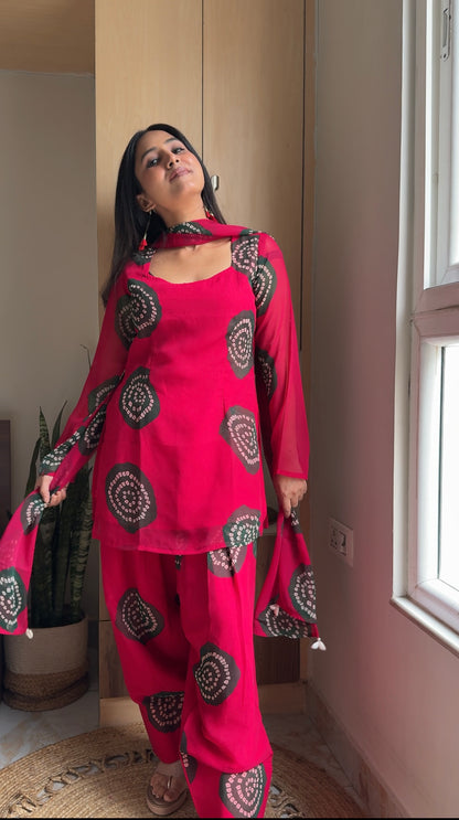 Hot Pink Shibori Bandhani Print Kurta with Farshi Salwar Set | Georgette | XS–5XL