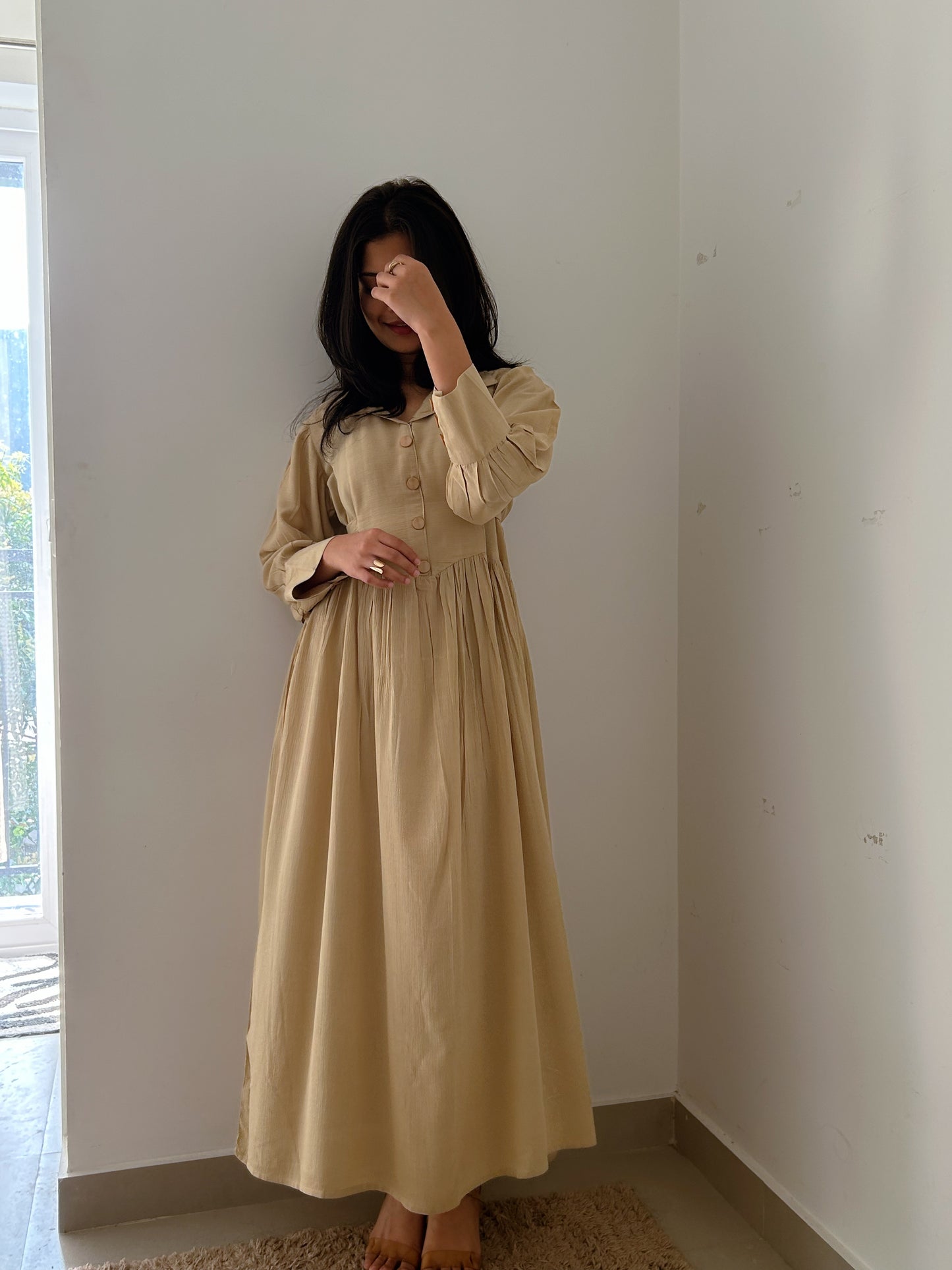 Minimalist Beige Rayon Crepe Maxi Dress with Shirt Collar