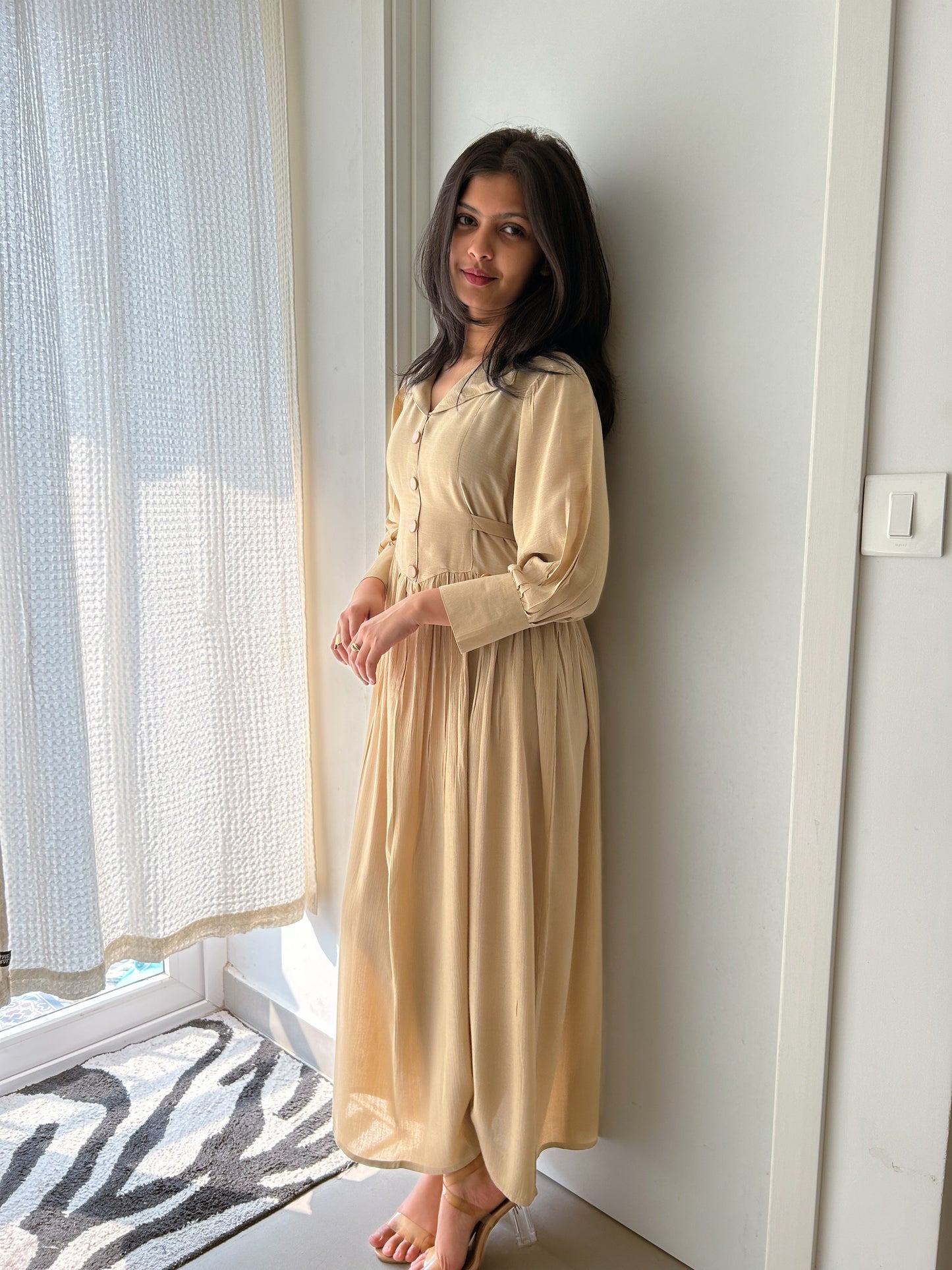 Minimalist Beige Rayon Crepe Maxi Dress with Shirt Collar
