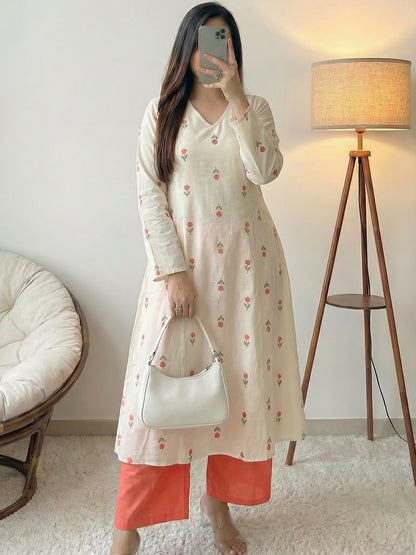 Embroidered V-Neck Rayon A-Line Co-Ord Set with Flared Sleeves
