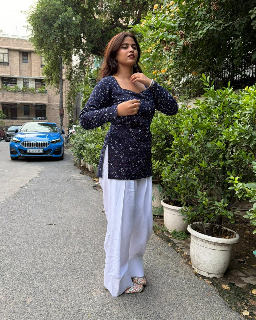 Indigo Geometric Print Cotton Kurta Set with Corset Back 