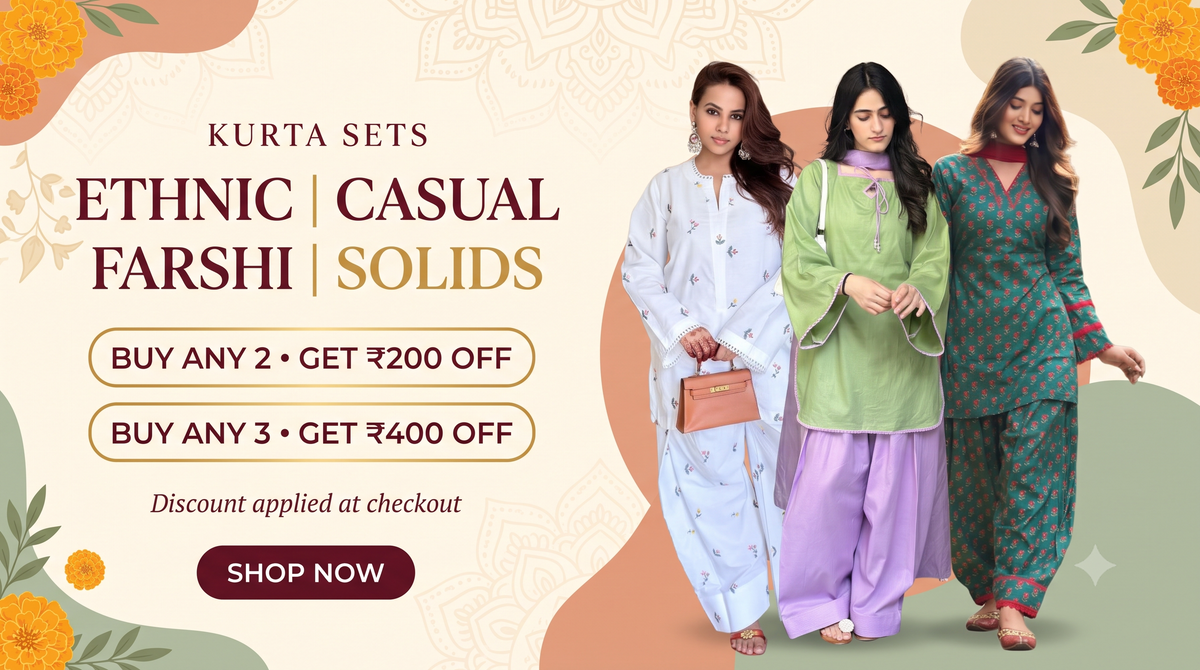 Promotional banner for ethnic kurta sets showing three women modeling light blue, green, and teal patterned traditional outfits. The left side features text reading 'KURTA SETS ETHNIC | CASUAL FARSHI | SOLIDS' with sale offers and a 'SHOP NOW' button on a cream background with decorative floral and geometric motifs.