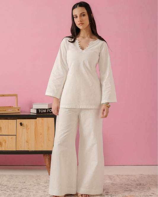 Rhea Backless Rayon Co-ord Set | V-Neck Corset-Style Dori Kurta & Wide-Leg Pants