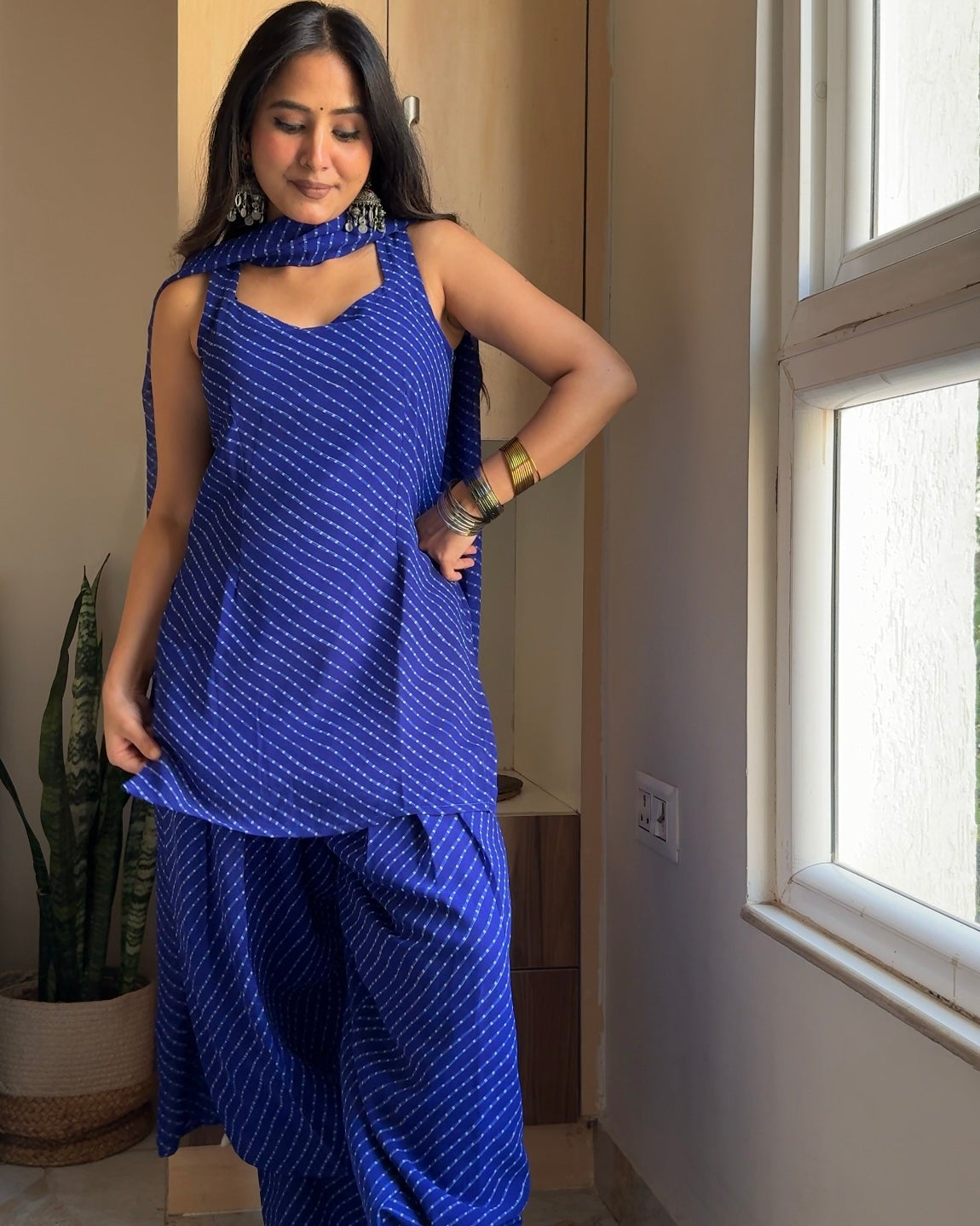 Royal Blue Leheriya Print Sleeveless Kurta with Farshi Salwar Set