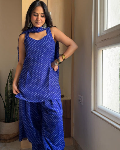 Royal Blue Leheriya Print Sleeveless Kurta with Farshi Salwar Set