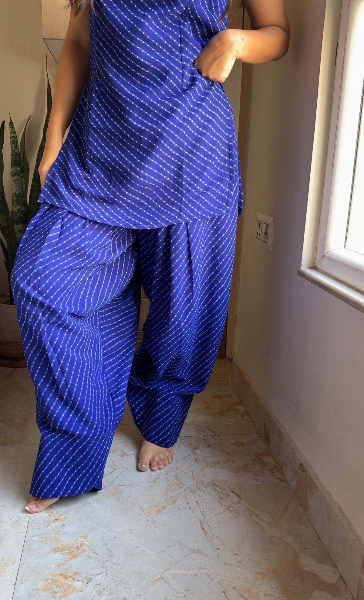 Royal Blue Leheriya Print Sleeveless Kurta with Farshi Salwar Set