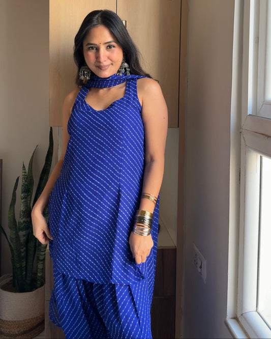 Royal Blue Leheriya Print Sleeveless Kurta with Farshi Salwar Set