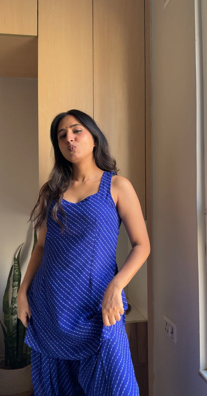 Royal Blue Leheriya Print Sleeveless Kurta with Farshi Salwar Set