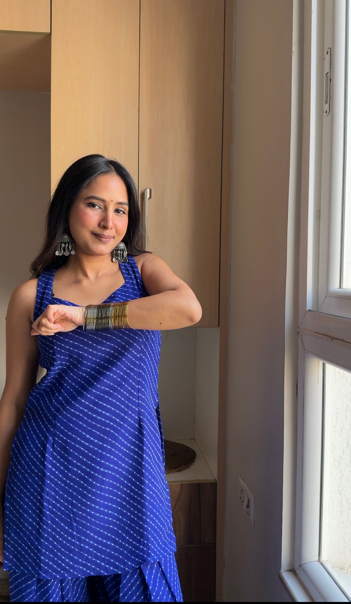 Royal Blue Leheriya Print Sleeveless Kurta with Farshi Salwar Set