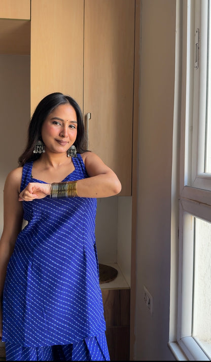 Royal Blue Leheriya Print Sleeveless Kurta with Farshi Salwar Set