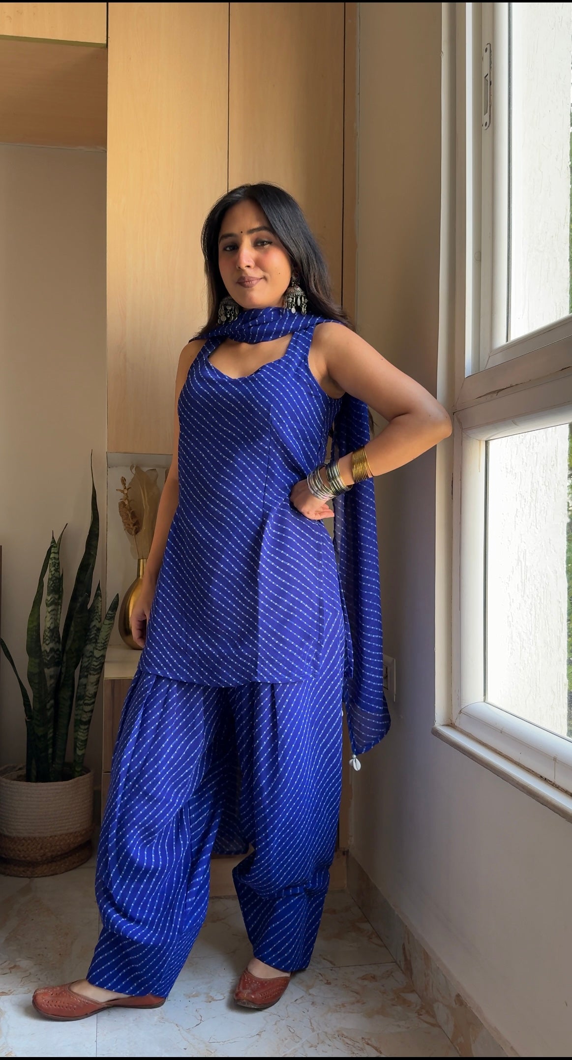 Royal Blue Leheriya Print Sleeveless Kurta with Farshi Salwar Set