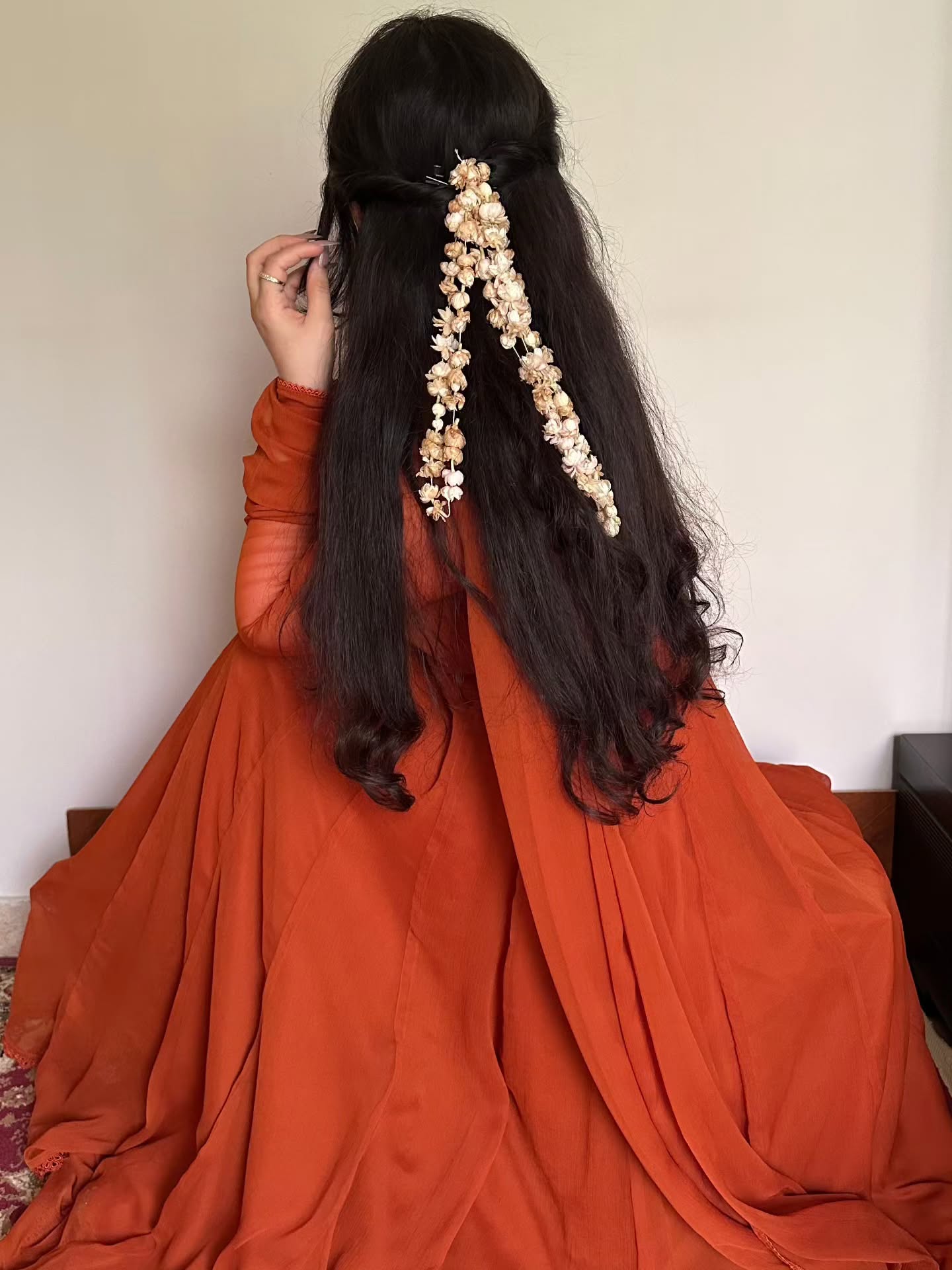 Festive Rust Orange Georgette Anarkali Suit Set with Gathered Sleeves & Dupatta