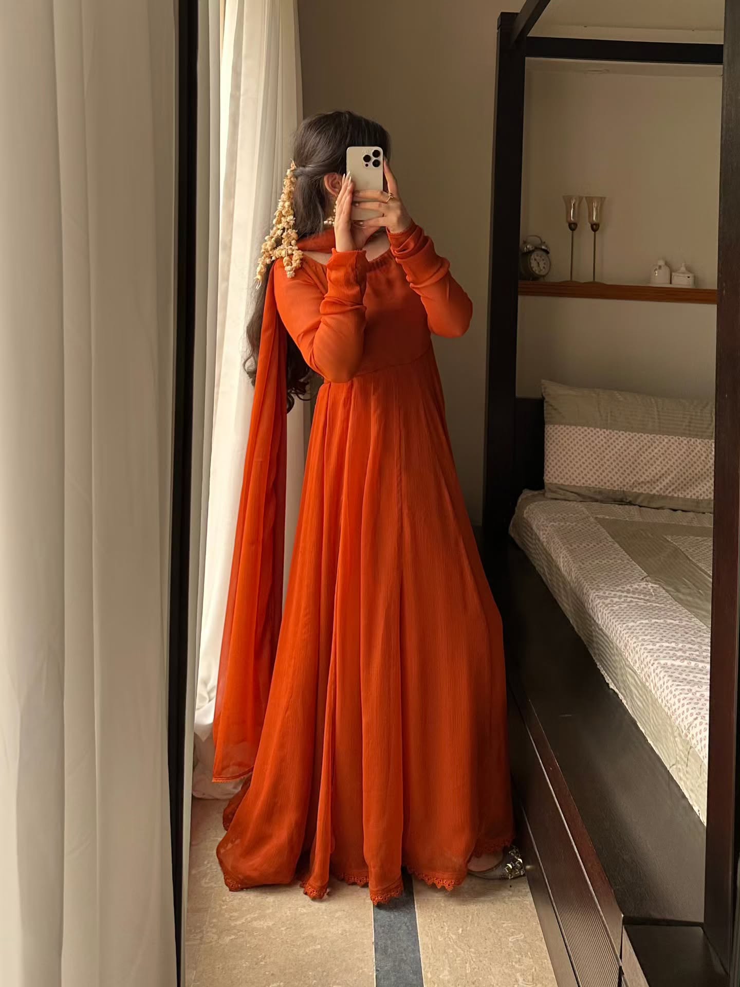 Festive Rust Orange Georgette Anarkali Suit Set with Gathered Sleeves & Dupatta