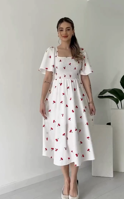 VASTRAMANIAA Women's White Rayon Square Neck Midi Dress with Red Berry Print