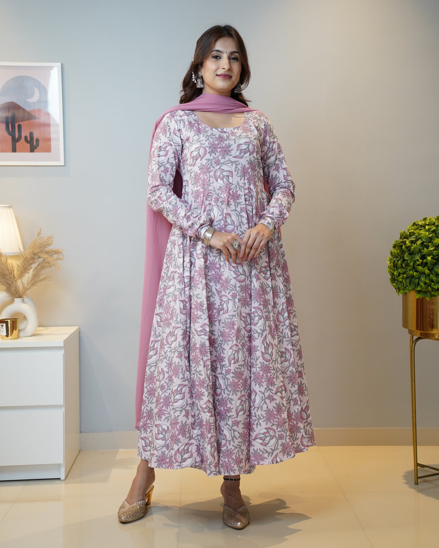 Vastramaniaa Peach Floral Cotton Anarkali Kurta Palazzo Dupatta Set