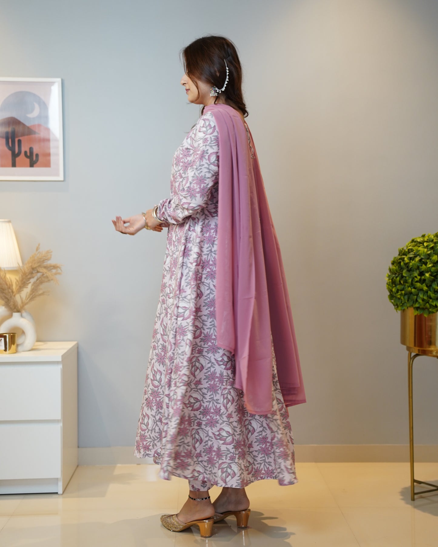 Vastramaniaa Peach Floral Cotton Anarkali Kurta Palazzo Dupatta Set