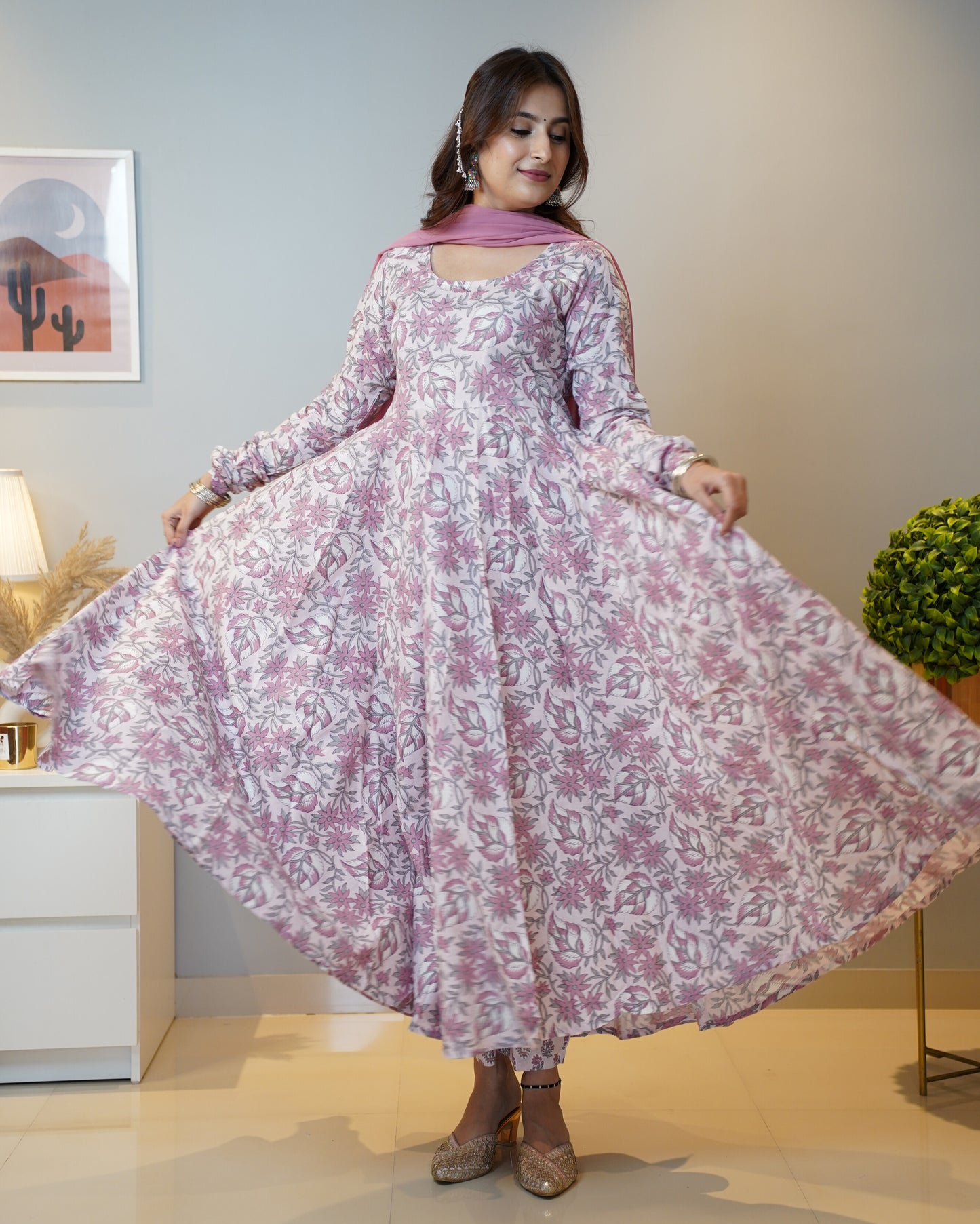 Vastramaniaa Peach Floral Cotton Anarkali Kurta Palazzo Dupatta Set