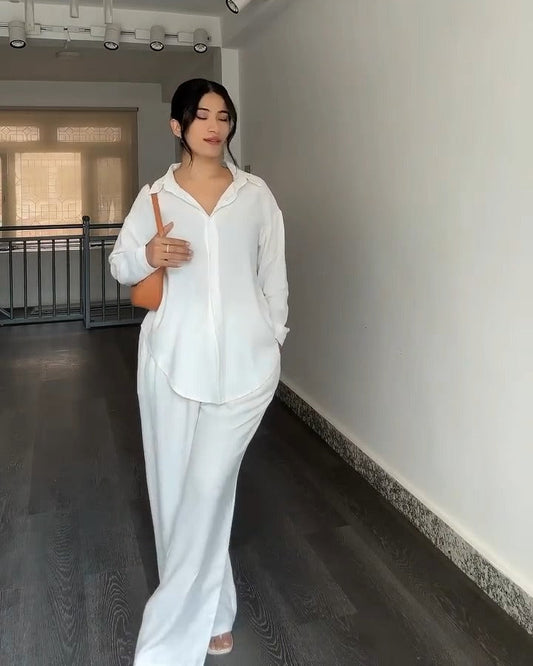 Solid Button-Down Shirt & Relaxed Pants Co-ord Set for Women