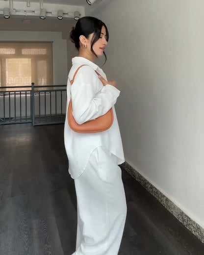 Solid Button-Down Shirt & Relaxed Pants Co-ord Set for Women