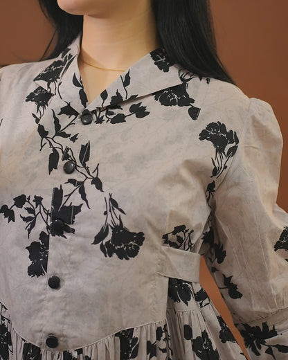 City Muse Cotton Maxi Dress – Floral Printed A-Line Dress with Puff Sleeves