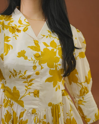 Sunlit Soirée Maxi Dress – White & Mustard Floral Cotton Elegance