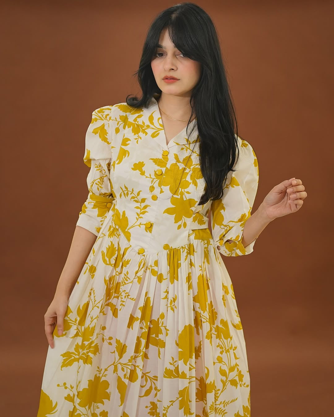 Sunlit Soirée Maxi Dress – White & Mustard Floral Cotton Elegance